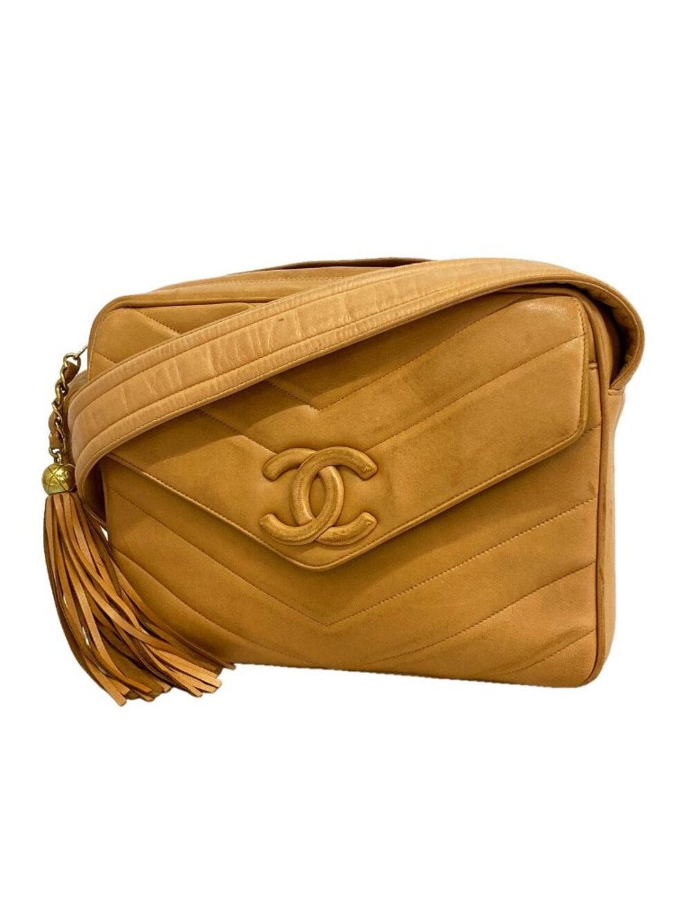 Chanel Shoulder Bag V-stitch Lambskin Brown Gold